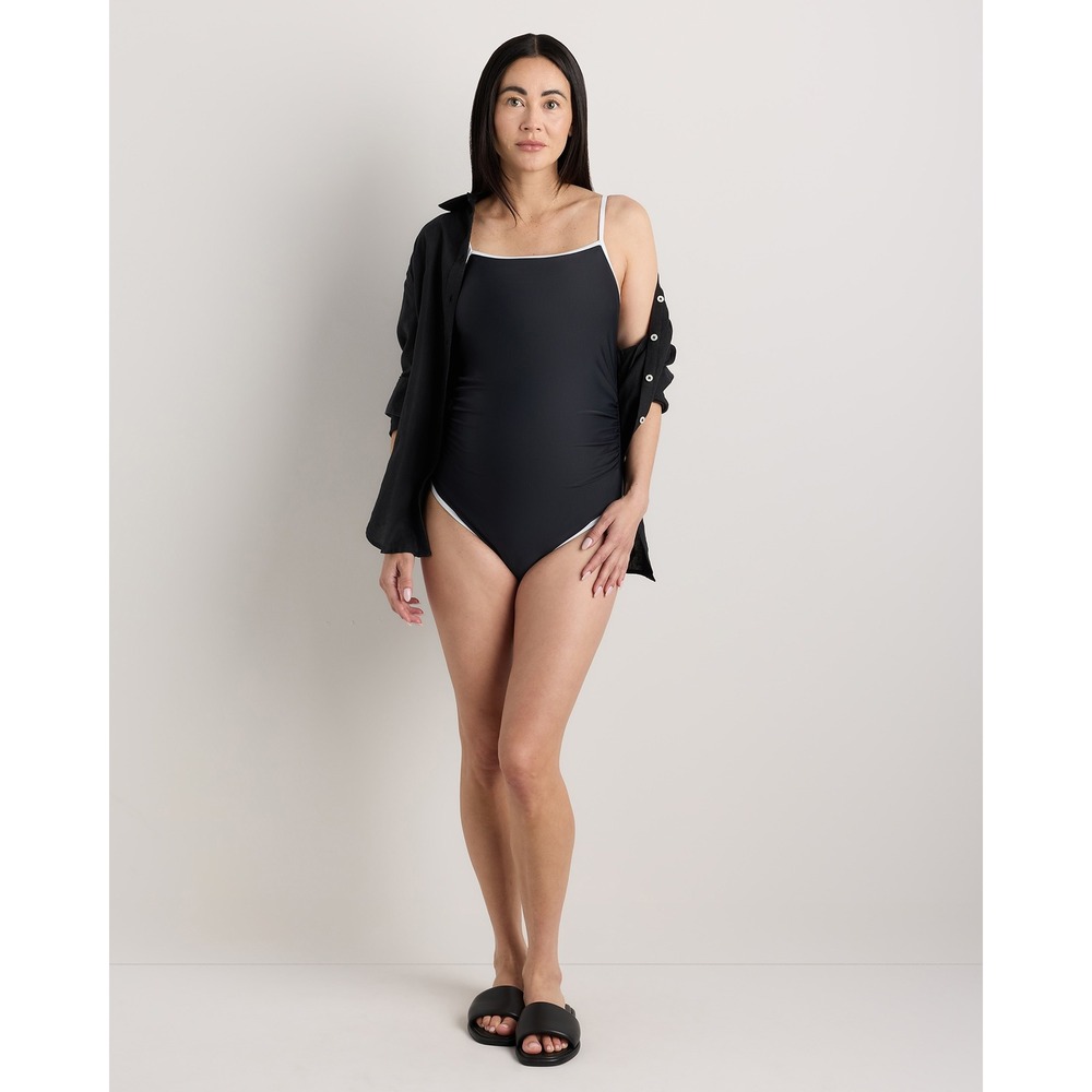 NWT Quince Maternity Italian Square Neck One-Piece Swimsuit Black White Sz Small